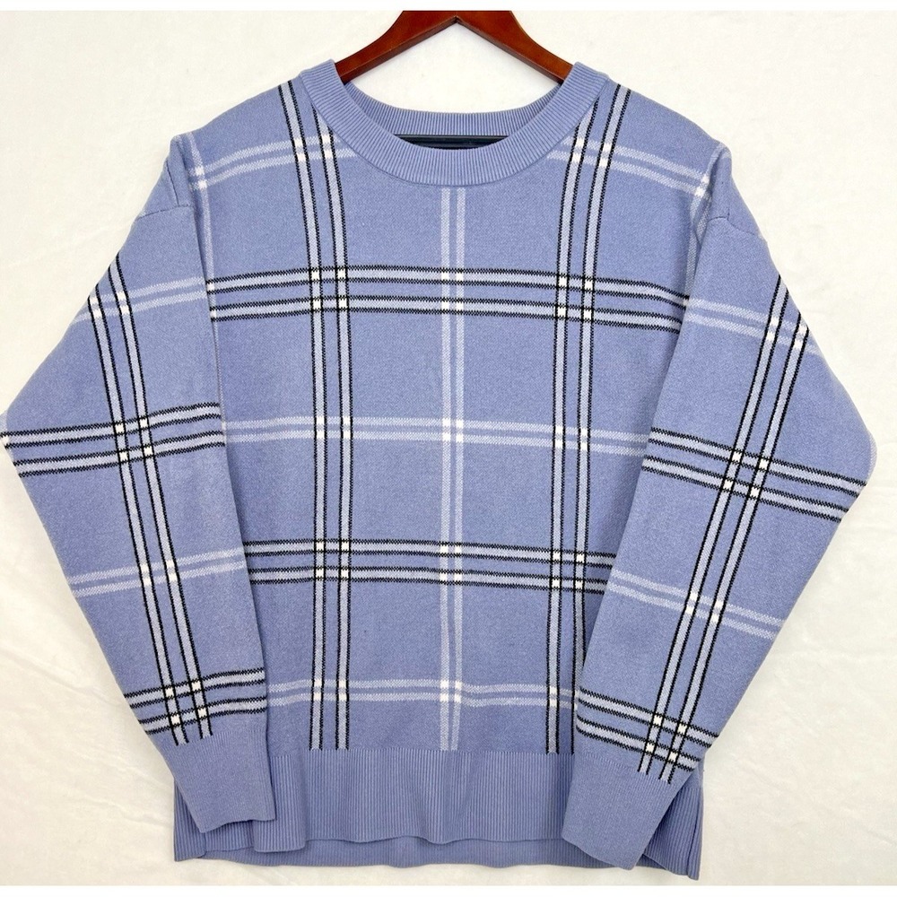 Tahari Plaid Sweater Light Blue Viscose Blend Crew Neck Pullover Size X Large